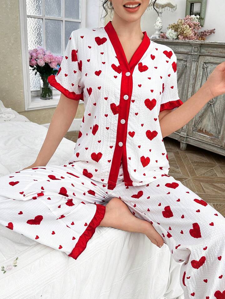 CM-LS163624 Wlomen Trendy Seoul Style Heart Print Ruffled Trim Short Sleeve Top With Long Pants Pajama Set