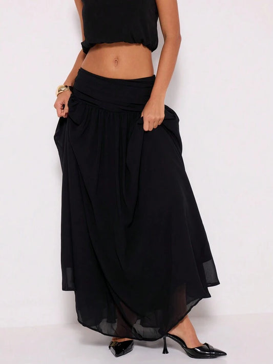 CM-BS754539 Women Trendy Bohemian Style Ruched Waist Chiffon Maxi Skirt - Black