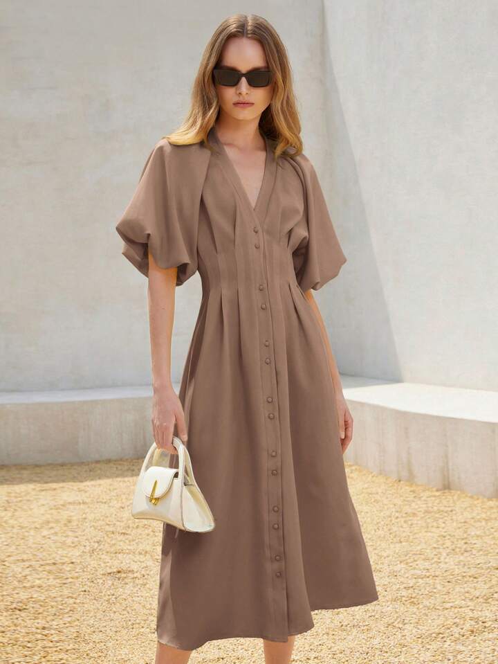 CM-DS400484 Women Elegant Seoul Style Solid Color Chiffon Cinched Waist Puff Sleeve Open Front Long Dress - Coffee