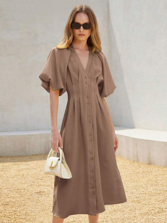 CM-DS400484 Women Elegant Seoul Style Solid Color Chiffon Cinched Waist Puff Sleeve Open Front Long Dress - Coffee