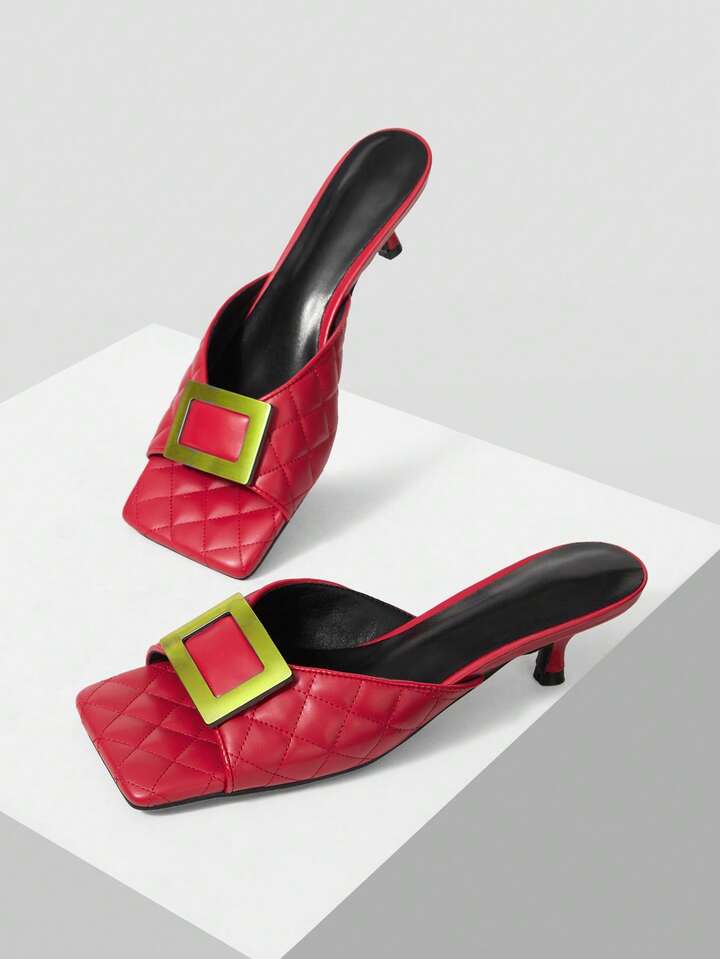 CM-SHS000135 Women Trendy Seoul Style Colorblock Square Toe High Heel Sandals - Red