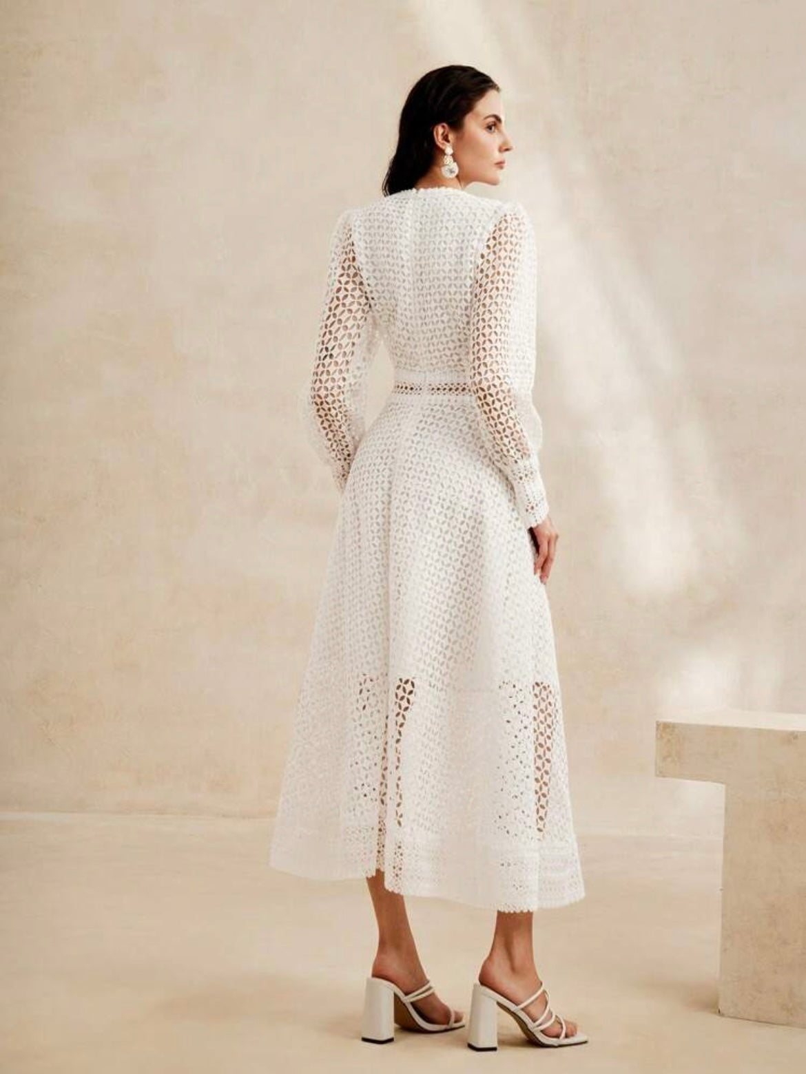CM-DS007754 Women Elegant Seoul Style Round Neck Flounce Sleeve Floral Patchwork A-Line Dress - White