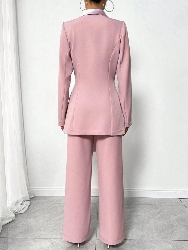 CM-SS787138 Women Elegant Seoul Style Colorblock Lapel Neckline Long Sleeve Blazer Jacket With Pants Suit - Pink