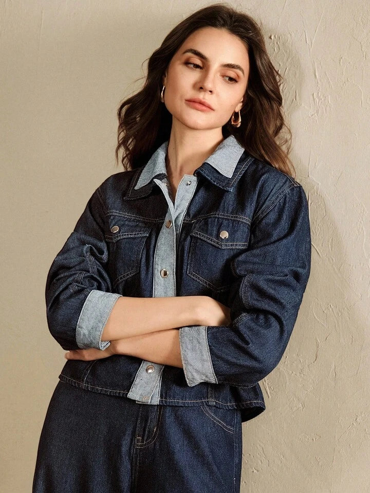 CM-CS284416 Women Casual Seoul Style Collar Neckline Long Sleeve Fitted Denim Jeans - Blue