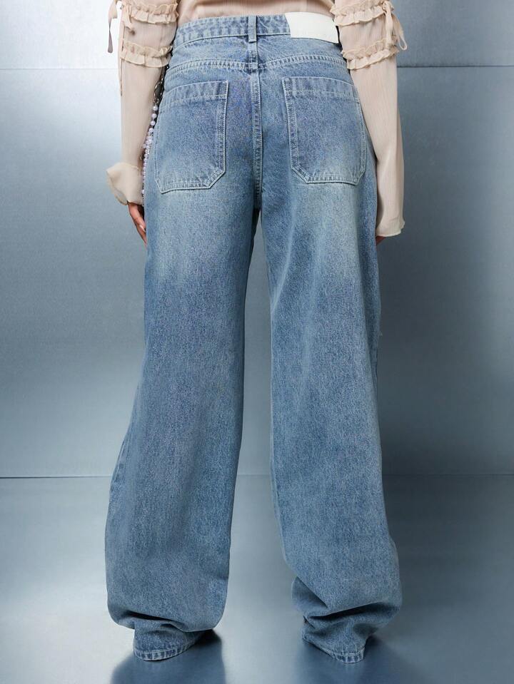 CM-BS963933 Women Casual Seoul Style Distressed Wide Leg Baggy Denim Jeans - Blue