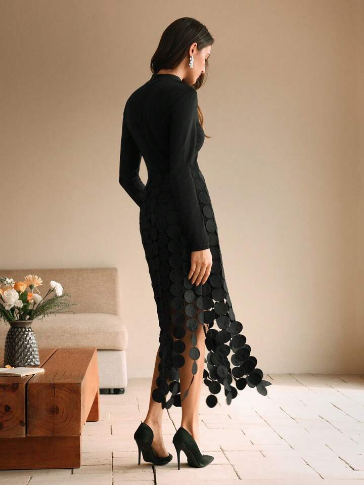 CM-DS309319 Women Elegant Seoul Style High Neck Lace Trim Long Sleeve Knit Dress - Black
