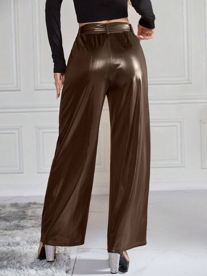 CM-BS994540 Women Elegant Seoul Style High Waist Belted Metallic Wide Leg Pants - Brown