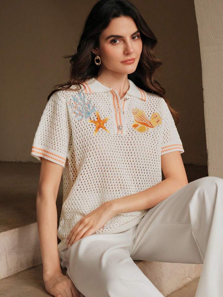 CM-TS135189 Women Casual Seoul Style Starfish Embroidery Seashell Polo Neckline Short Sleeve Knit Top