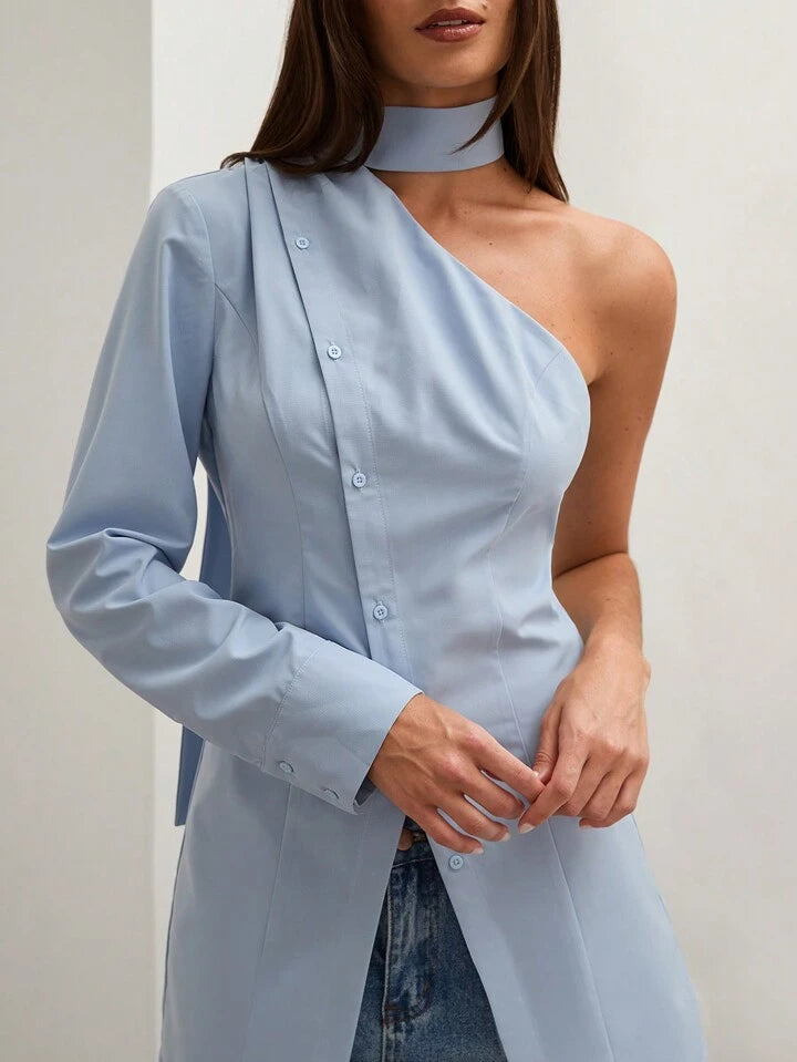 CM-TS864404 Women Casual Seoul Style Asymmetric Collar One Shoulder Long Sleeve Blouse - Baby Blue