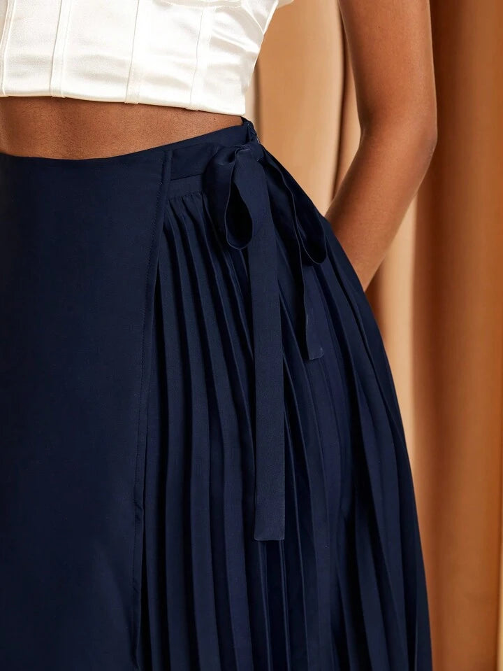 CM-BS370333 Women Casual Seoul Style High Waist Faux Wrap Maxi Pleated Skirt - Royal Blue