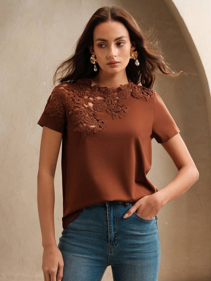 CM-TS115759 Women Casual Seoul Style Lace Crochet Patchwork Hollow Out Short Sleeve Blouse - Coffee Brown