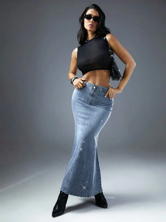 CM-BS311171 Women Elegant Seoul Style Dark Wash Rhinestone Drop Waist Mermaid Hem Denim Skirt