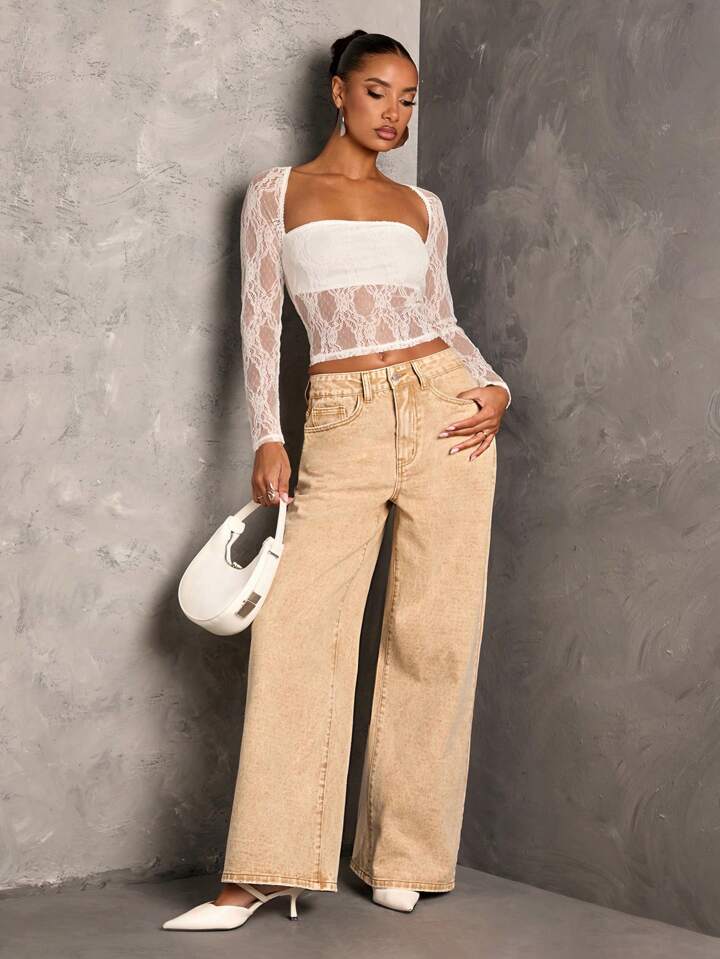 CM-BS594284 Women Casual Seouol Style Extra Long Loose Wide Leg Denim Jeans - Khaki