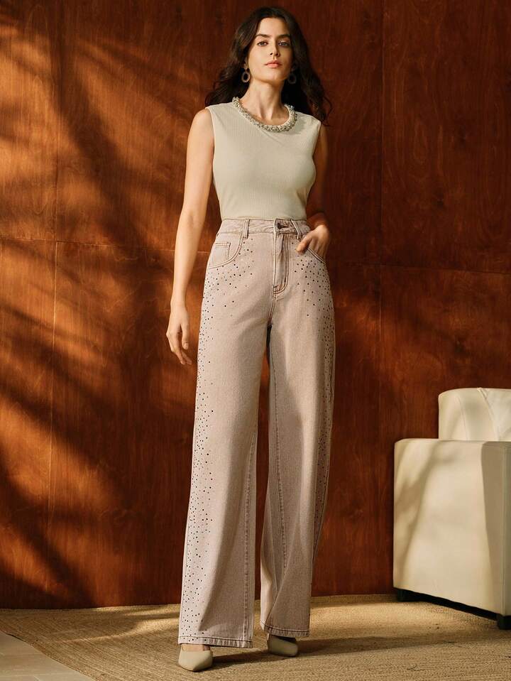 CM-BS742256 Women Casual Seoul Style Mid Waist Rhinestone Embellished Straight Leg Pants - Apricot