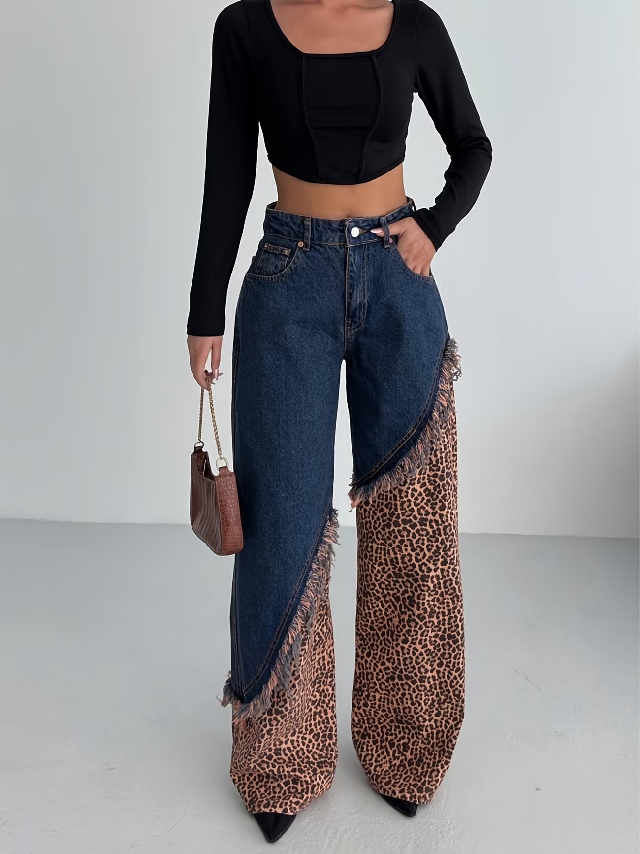 CM-BT012635 Women Casual Seoul Style Asymmetrical Frayed Leopard Patchwork Wide-Leg Denim Long Pants