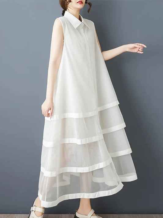 CM-DT033674 Women Casual Seoul Style Collar Neckline Button Front Sleeveless A-Line Shirt Dress - White