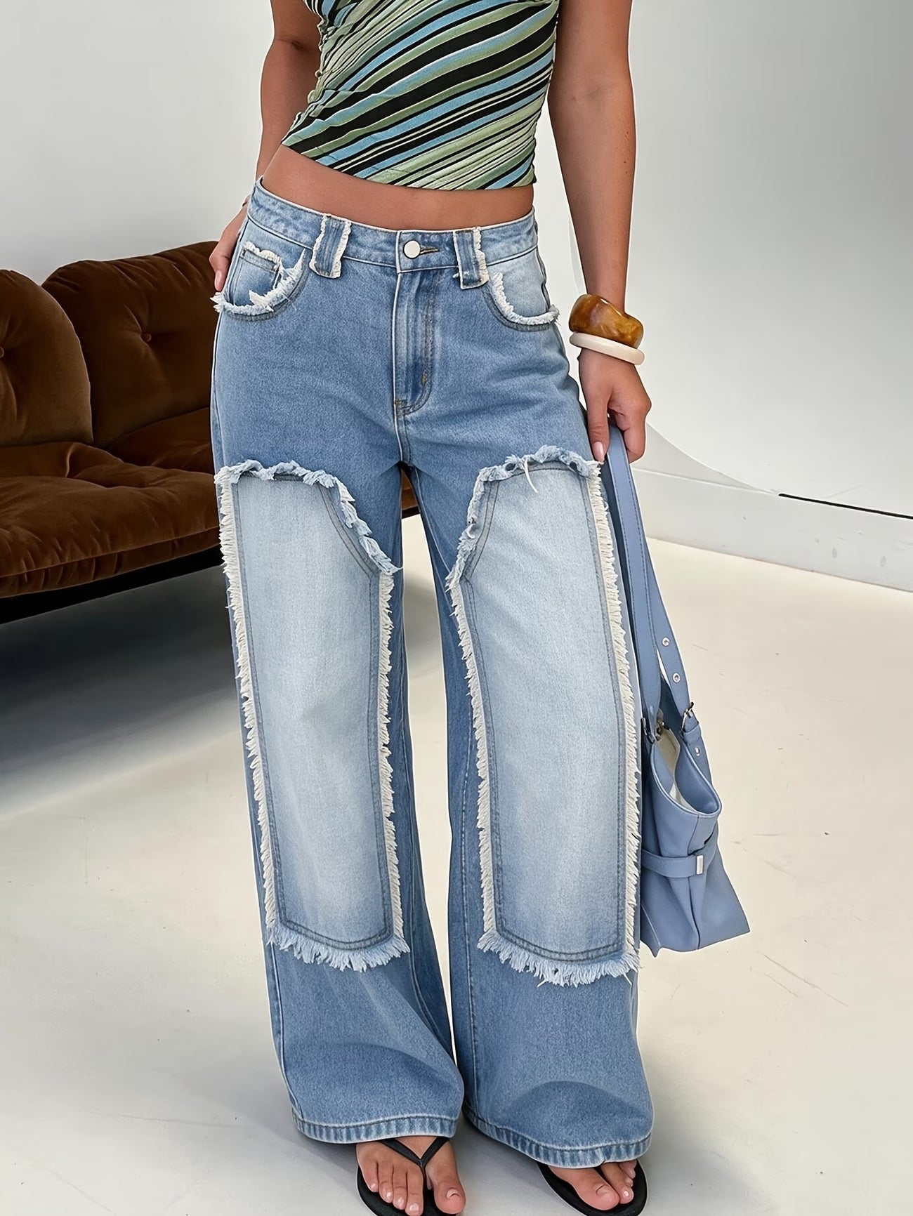 CM-BT023565 Women Casual Seoul Style Frayed Patchwork Raw Edge Panel Wide Leg Jeans