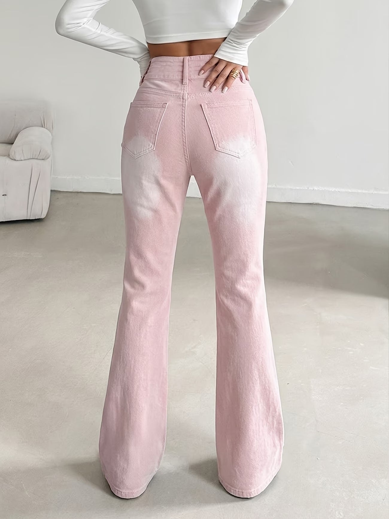CM-BT754634 Women Casual Seoul Style High-Waisted Double Button Slim Fit Flare Jeans - Pink