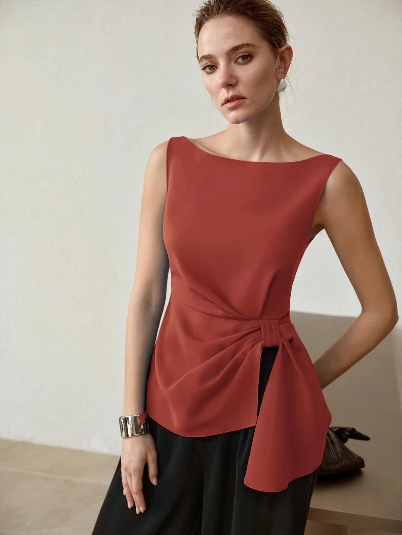 CM-TS246712 Women Elegant Seoul Style Side Knot Boat Neck Sleeveless Blouse - Burnt Orange