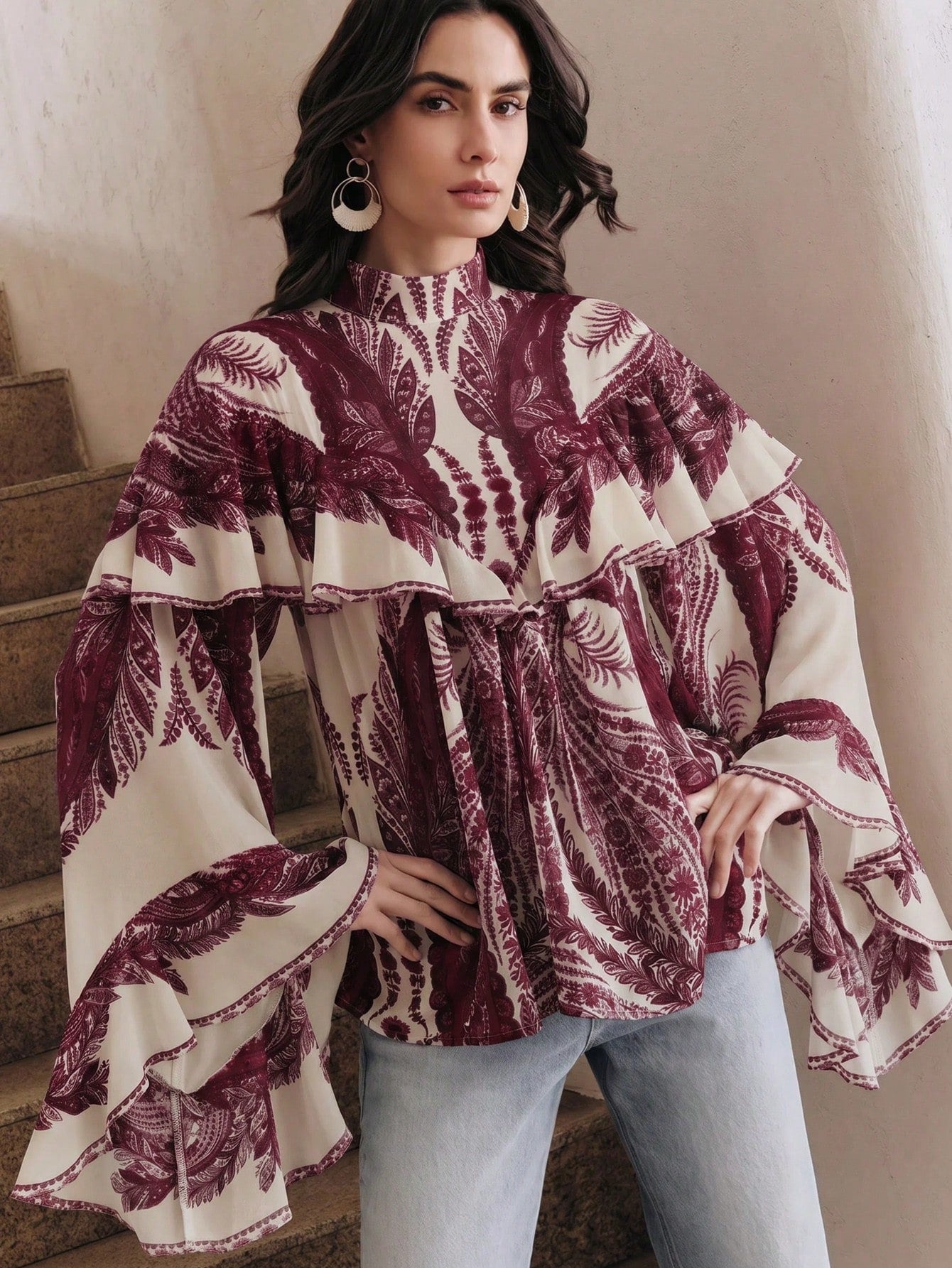 CM-TS762702 Women Trendy Bohemian Style Mock Necl Long Sleeve Plants Print Loose Blouse - Purple