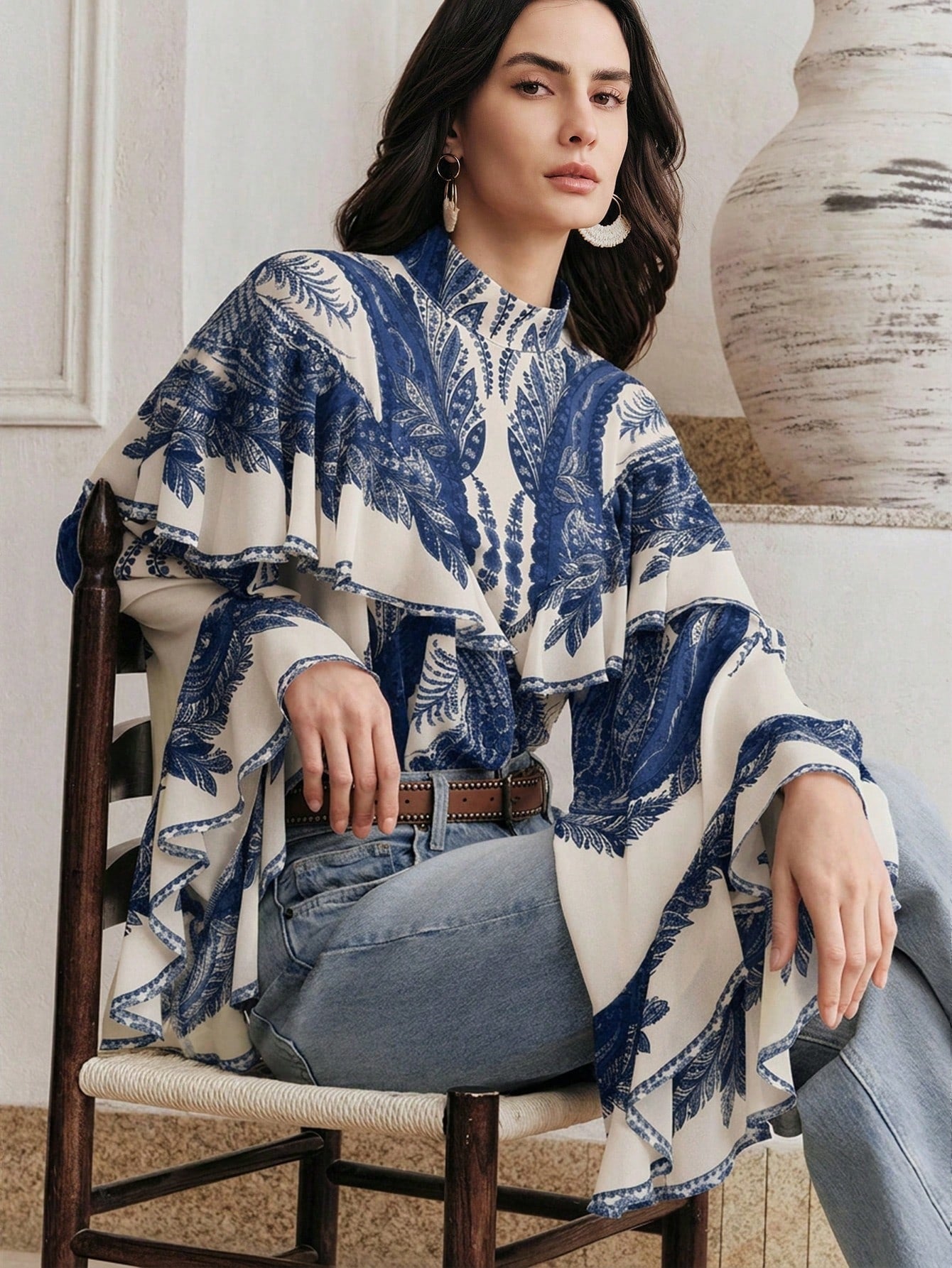 CM-TS393590 Women Trendy Bohemian Style Mock Necl Long Sleeve Plants Print Loose Blouse - Blue