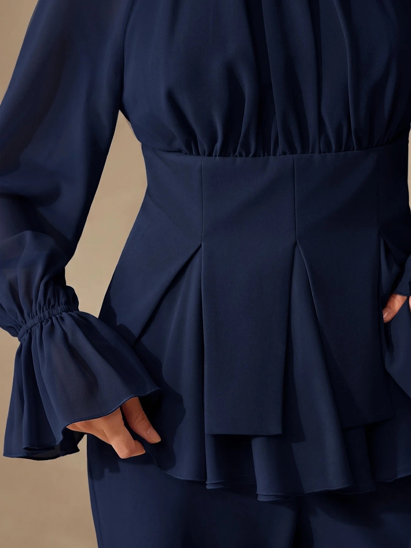 CM-SS854731 Women Elegant Seoul Style Round Neck Long Sleeve Chiffon Patchwork Blouse With Flared Leg Pants - Set