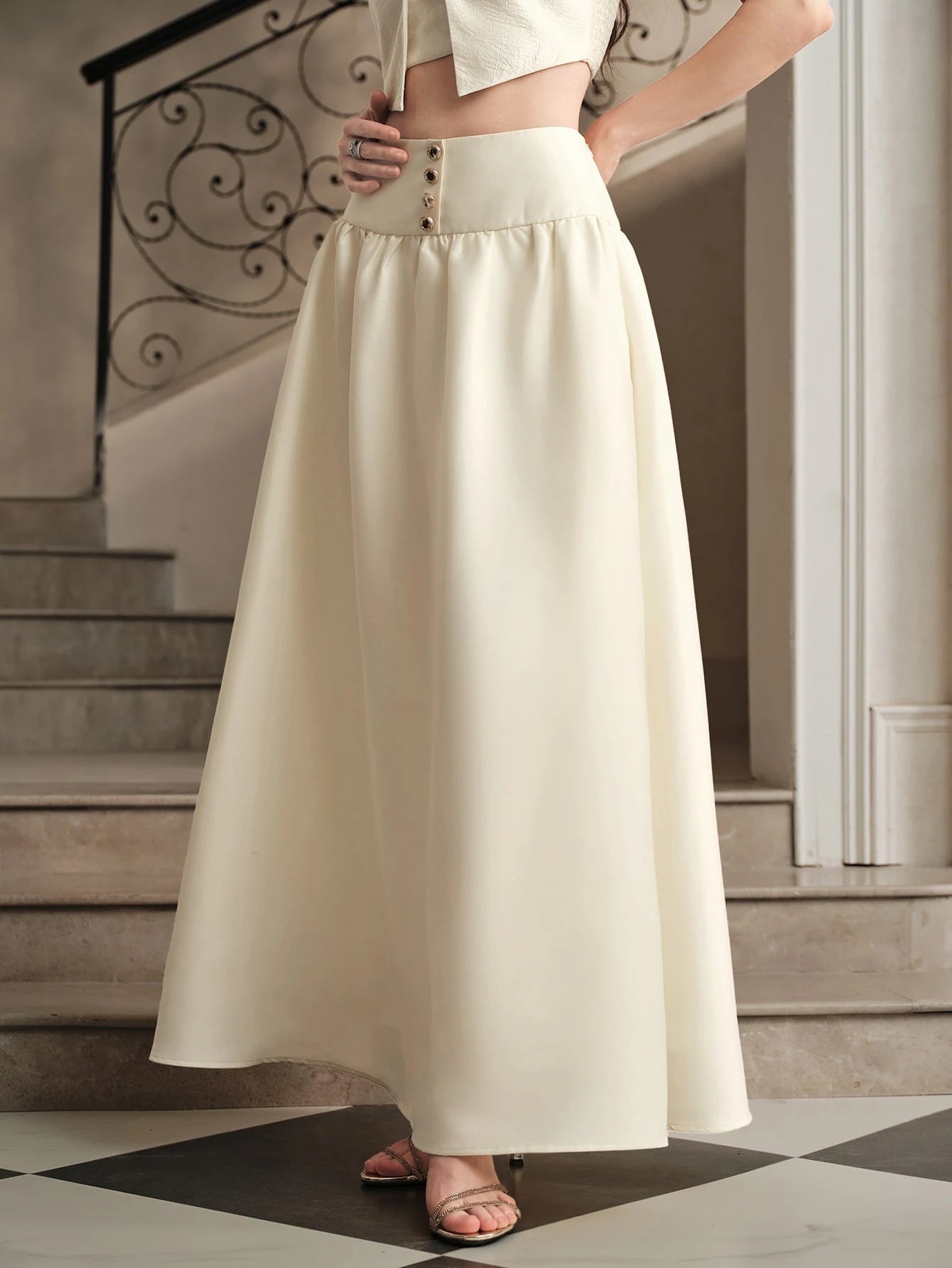 CM-BS399699 Women Elegant Seoul Style Mid Waist Ruched A-Line Flared Long Skirt - Apricot