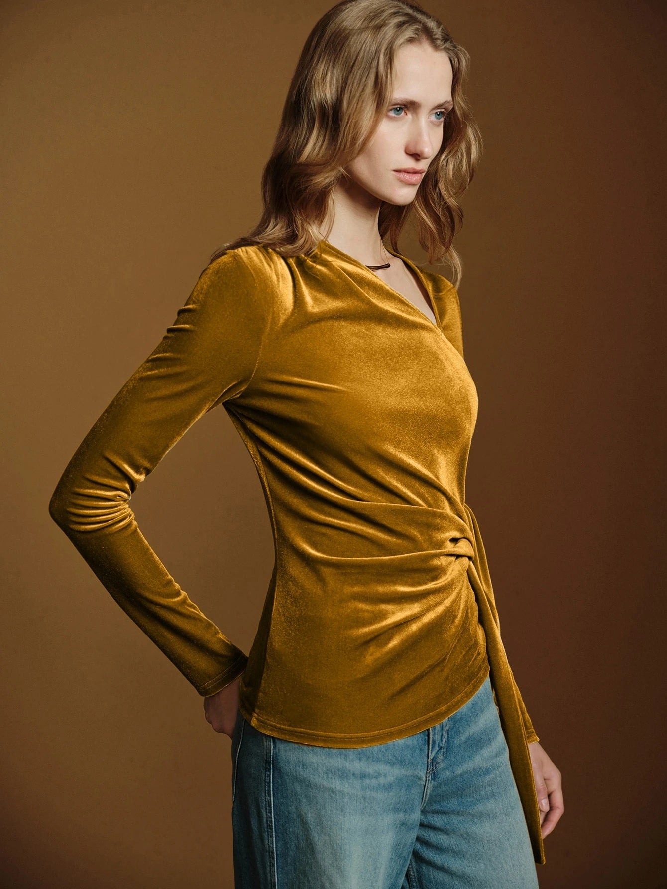 CM-TS240239 Women Casual Seoul Style Asymmetrical V-Neck Long Sleeve Twisted Tie Velvet Blouse - Yellow