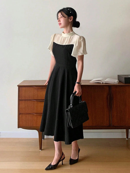 CM-DS116914 Women Elegant Seoul Style Stand Collar Puff Sleeve Patchwork Contrast Color Waist-Cinched Midi Dress