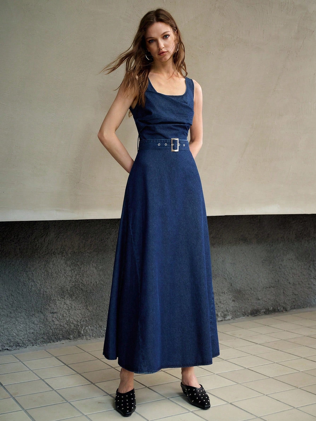 CM-DS408513 Women Elegant Seoul Style Square Neck Sleeveless Asymmetric Pleated Waist Flared Denim Dress - Blue