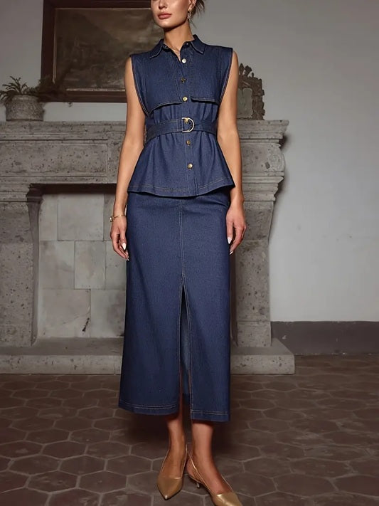 CM-ST191906 Women Elegant Seoul Style Lapel Neckline Sleeveless Front Button Waist-Cinched Top With Midi Skirt - Set