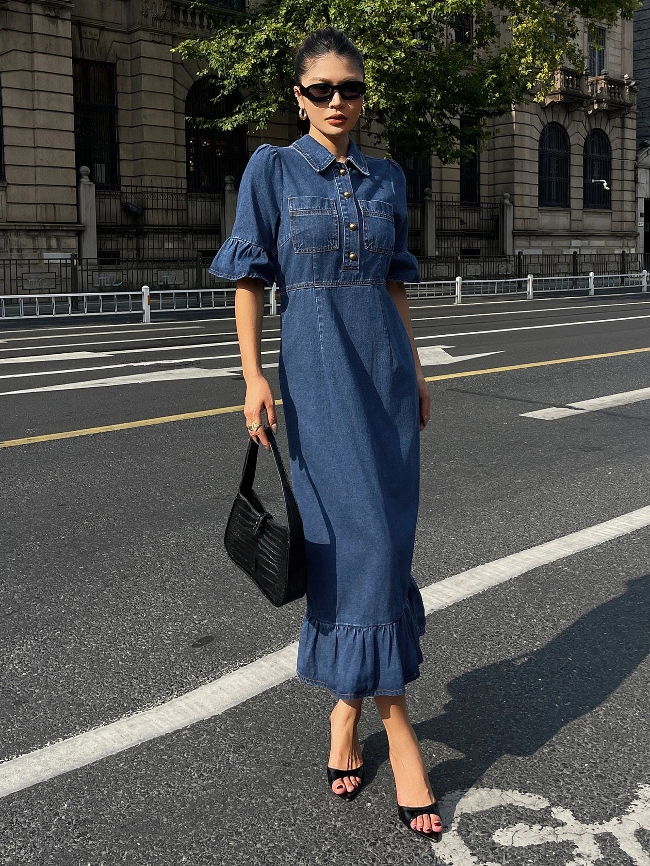CM-DS370755 Women Casual Seoul Style Turn-Down Collar Cinched Waist Ruffle Hem Midi Dress - Blue