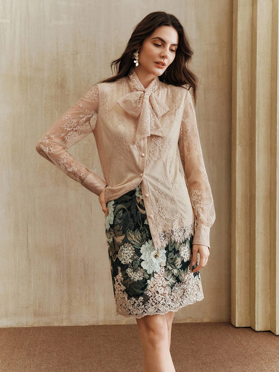 CM-SS078354 Women Elegant Seoul Style Tie Neck Lace Long Sleeve Top With Mini Skirt - Set