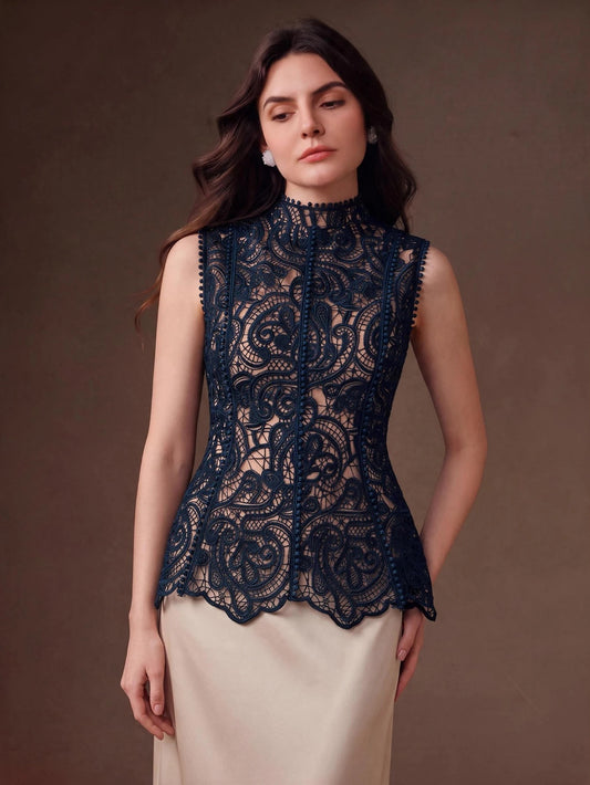 CM-TS617242 Women Elegant Seoul Style Stand Collar Sleeveless Lace Hollow Patchwork Ruffle Waist Cinched Tank Top - Navy Blue