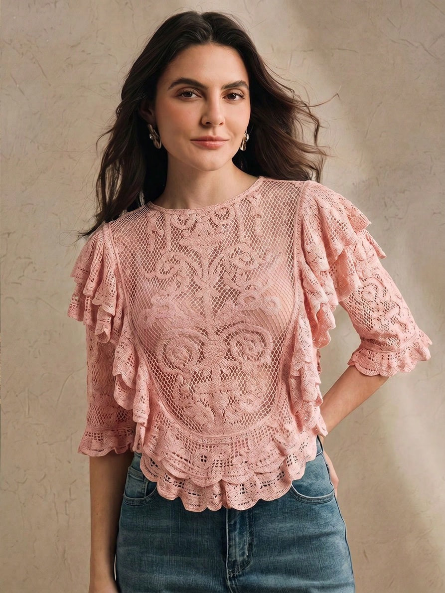CM-TS576844 Women Elegant Seoul Style Cropped Half Sleeve Multi-Layer Ruffle Mesh Crochet Top - Pink