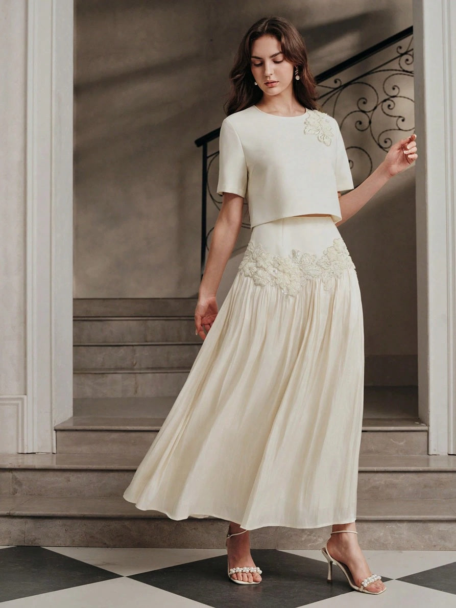 CM-SS480182 Women Elegant Seoul Style Round Neck 3D Floral Decor Short Sleeve Top With Skirt - Set