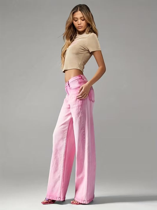 CM-BT966375 Women Casual Seoul Style Mid Waist Washed Straight-Leg Jeans - Pink