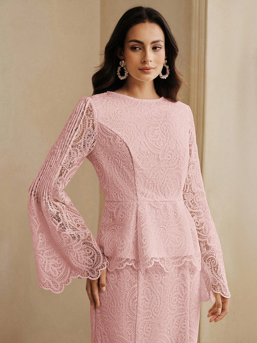 CM-TS532364 Women Elegant Seoul Style Round Neck Lace Bell Extra Long Sleeve Top - Pink