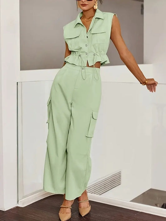 CM-ST491171 Women Elegant Seoul Style 3D Pocket Drawstring Waist Sleeveless Top With Pants - Set