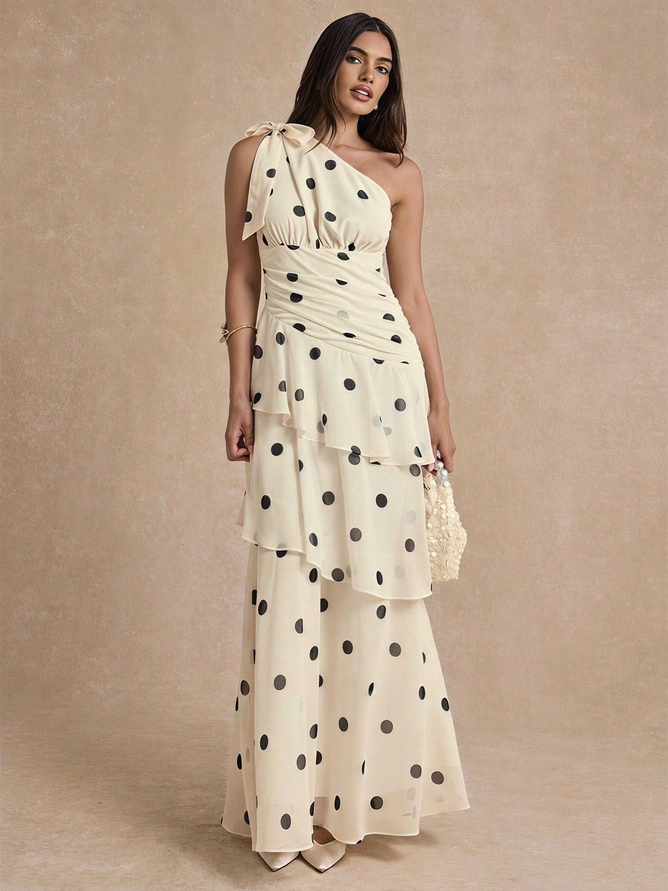 CM-DS374258 Women Elegant Seoul Style Asymmetrical Neckline Polka Dot One Shoulder Tiered Layer Dress