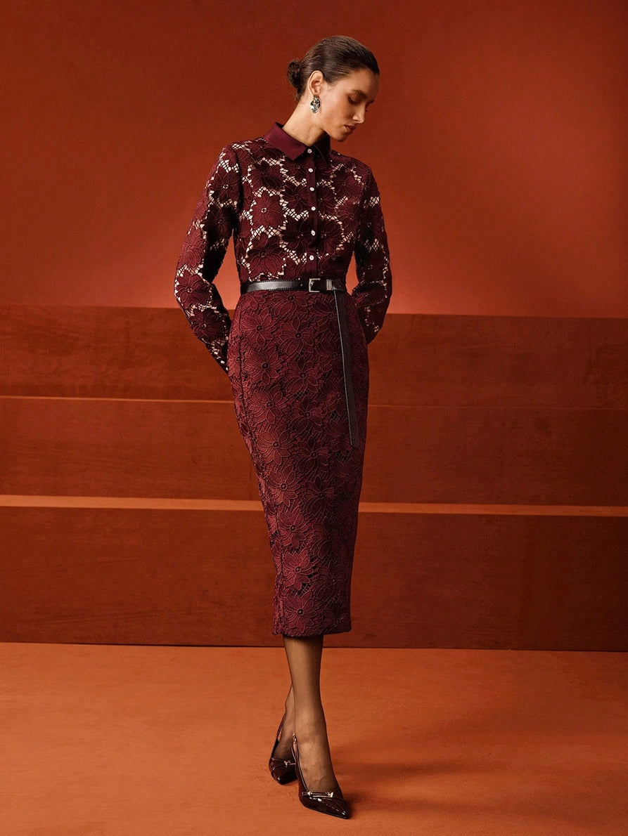 CM-SS832993 Women Elegant Seoul Style Stand Collar Long Sleeve A-Line Lace Patchwork Blouse With Skirt - Set