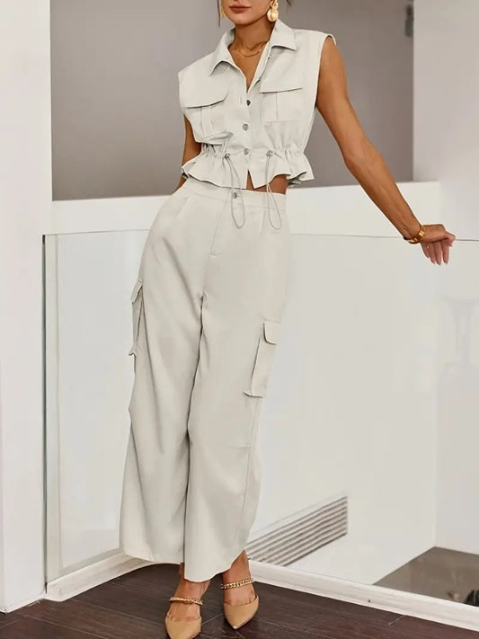 CM-ST491171 Women Elegant Seoul Style 3D Pocket Drawstring Waist Sleeveless Top With Pants - Set