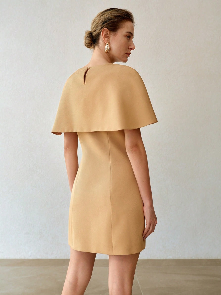 CM-DS729120 Women Elegant Seoul Style Round Neck Cloak Sleeve Metal Rose Buckle Shawl Mini Dress - Khaki