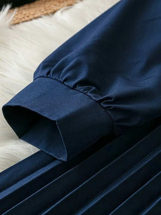 CM-DT360906 Women Elegant Seoul Style Collar Neckline Tie Waist Belt Long Sleeve Pleated Midi Dress  - Navy Blue