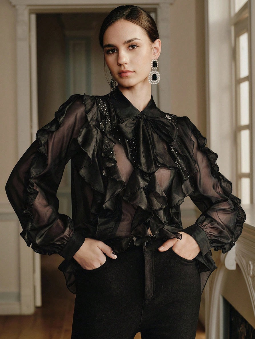 CM-TS616771 Women Elegant Seoul Style Chiffon Collar Neckline Long Sleeve Rhinestone Embellished Ruffle Blouse