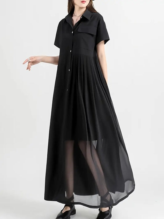 CM-DT451050 Women Elegant Seoul Style Collar Neckline Short Sleeve A-Line Midi Dress - Black