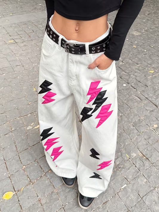 CM-BT121466 Women Casual Seoul Style Lightning Applique Loose Wide-Leg Jeans - White