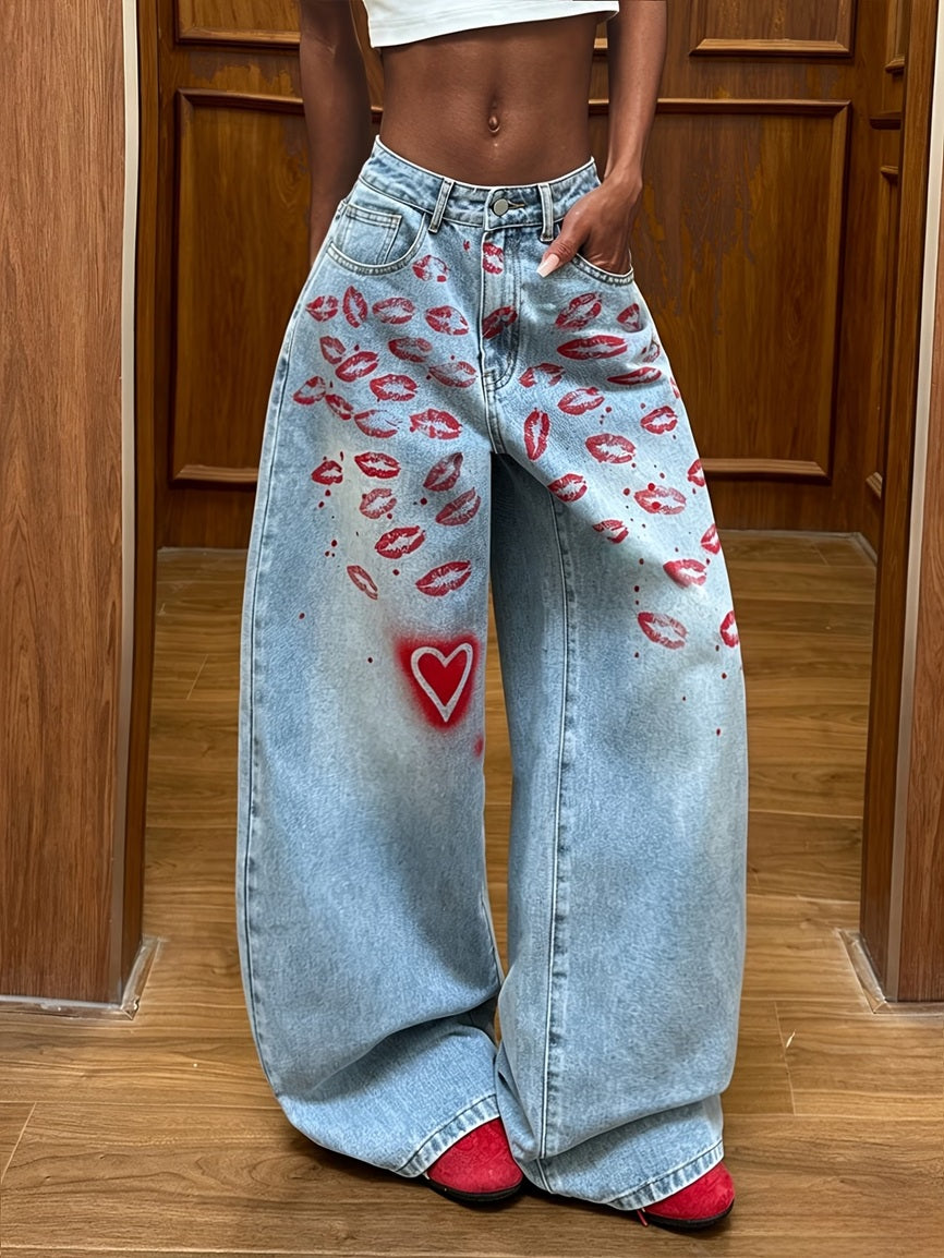 CM-BT125010 Women Casual Seoul Style Red Lip And Heart Print Loose Fit Wide-Leg Pants - Light Blue