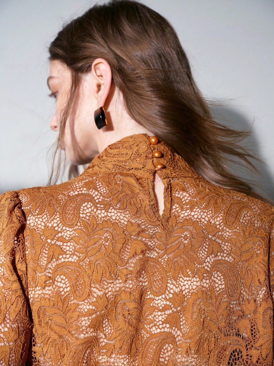 CM-TS022052 Women Elegant Seoul Style Lace Tie Neck Stand Collar Long Sleeve Blouse - Khaki