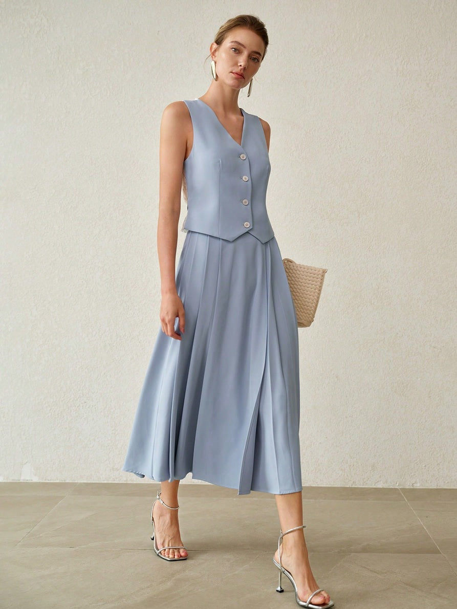 CM-SS290413 Women Elegant Seoul Style V-Neck Sleeveless Contrast Lace Top With Midi Skirt - Set